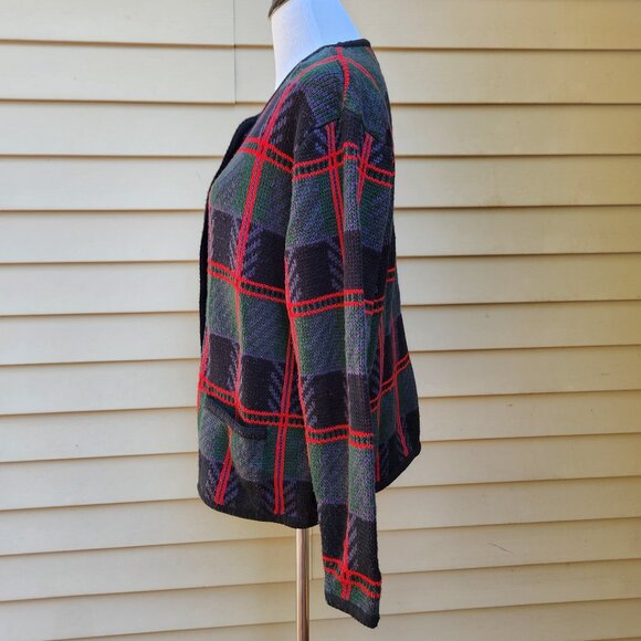 VTG Liz Baker Multicolor Plaid Cardigan Sweater Pockets Gold Buttons Grandma - Picture 9 of 13